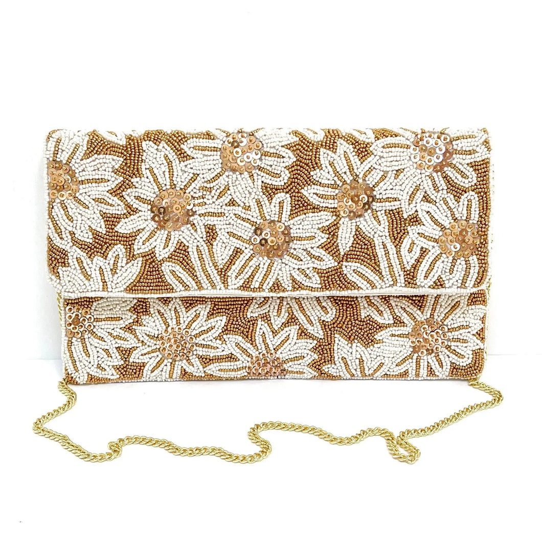 Clutch White Flowers Bronze Beaded